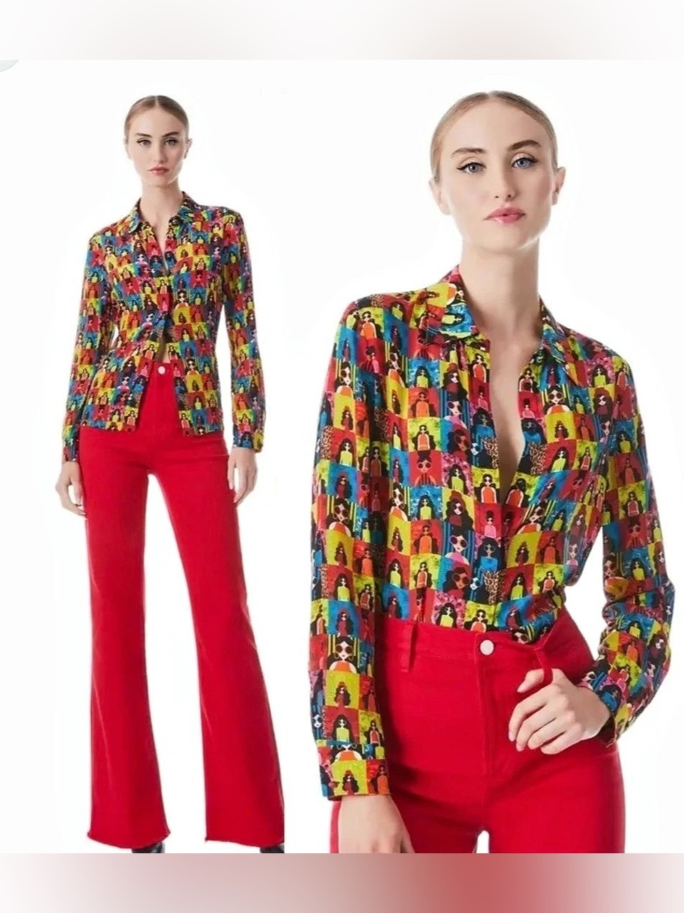 NWOT Alice + Olivia Willa Stace Face Silk Placket Top. Size XS